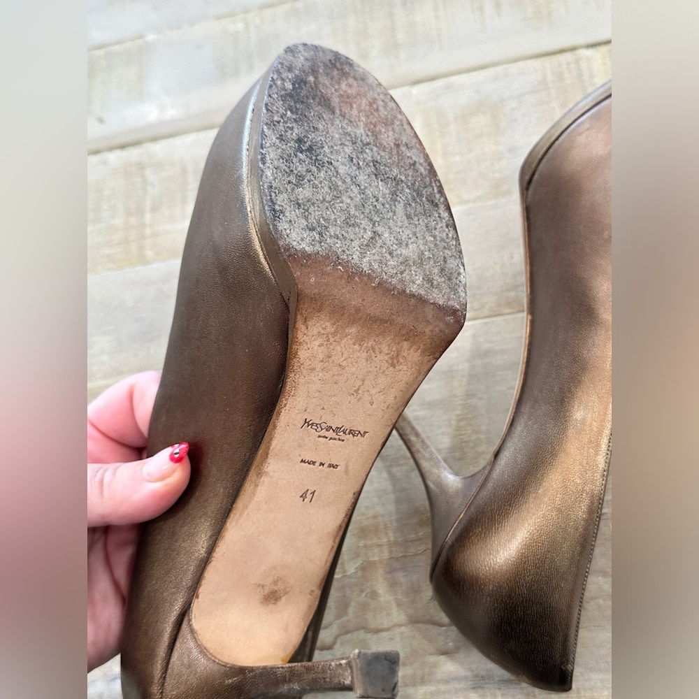 Ysl Yves Saint Laurent bronze leather Tribtoo pumps heels platform shoes - Picture 8 of 14